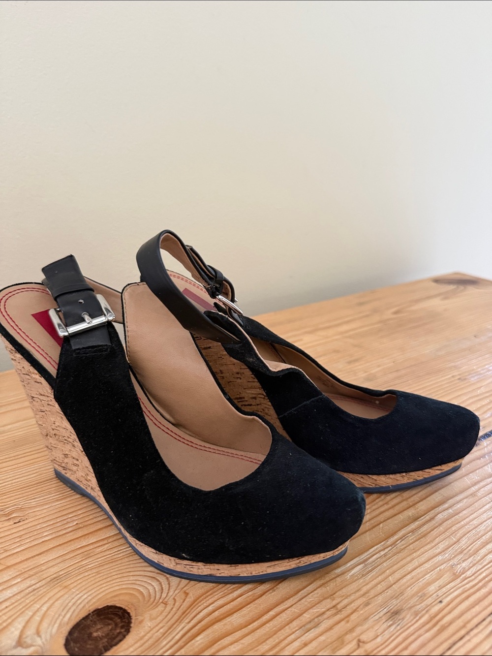 5/48 Black Suede Cork Wedge Slingback Heels